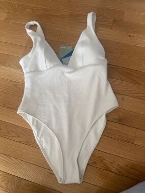 H&M White Textured V-Neck One-Piece Swimsuit